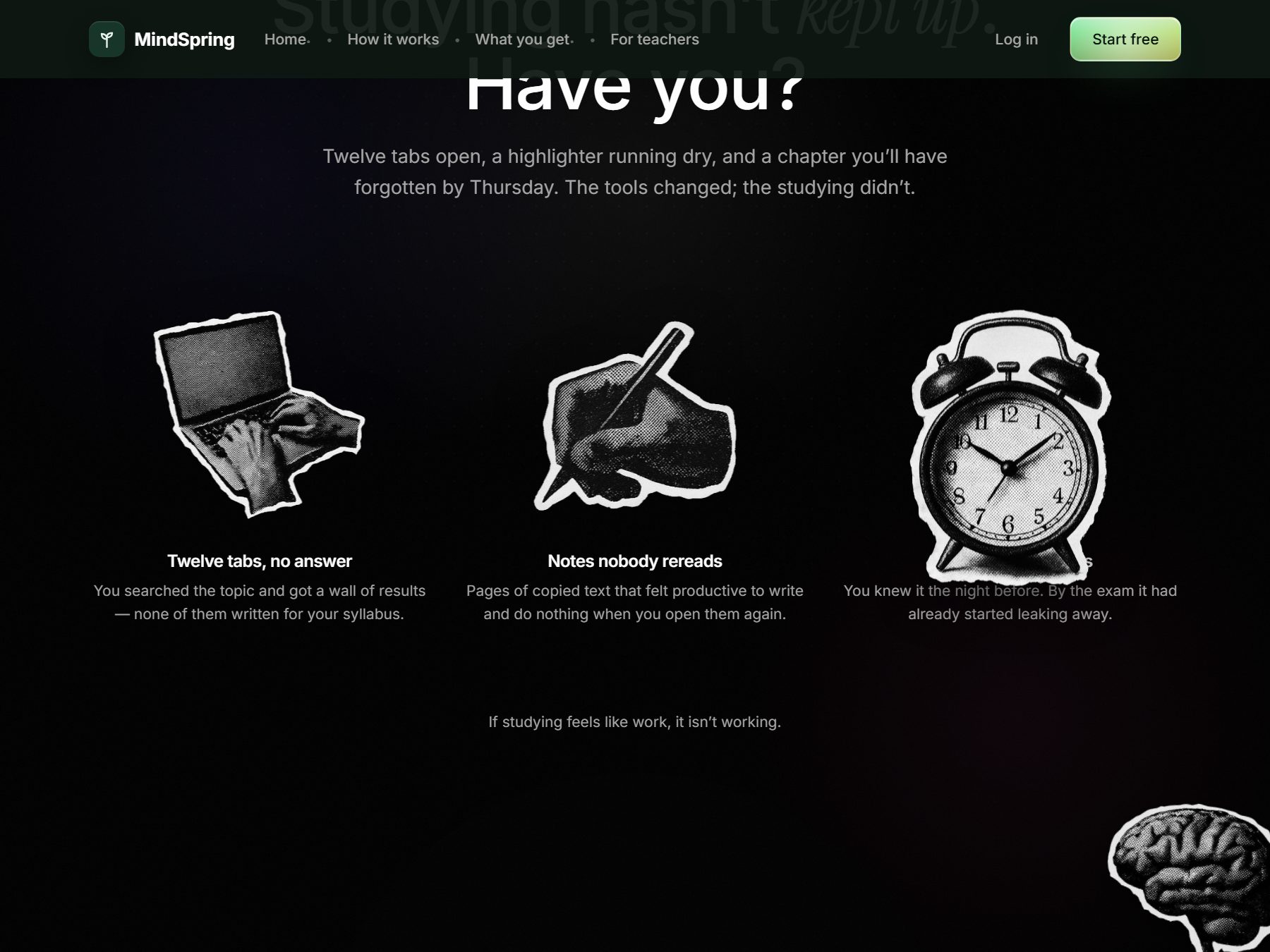 Mindspring — the three problems: twelve tabs, notes nobody rereads, cramming that fades