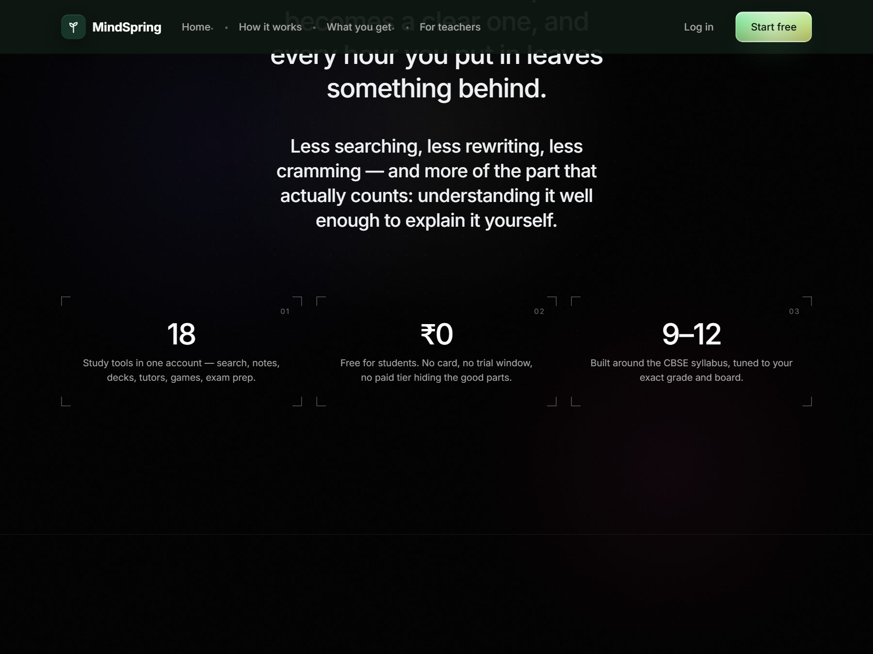 Mindspring — 18 study tools, free for students, built around the CBSE syllabus