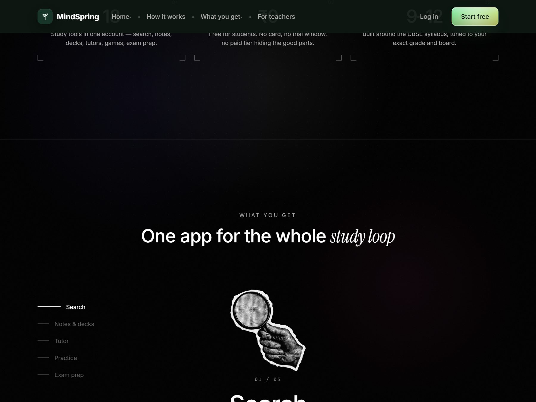 Mindspring — the study loop: search, notes and decks, tutor, practice, exam prep
